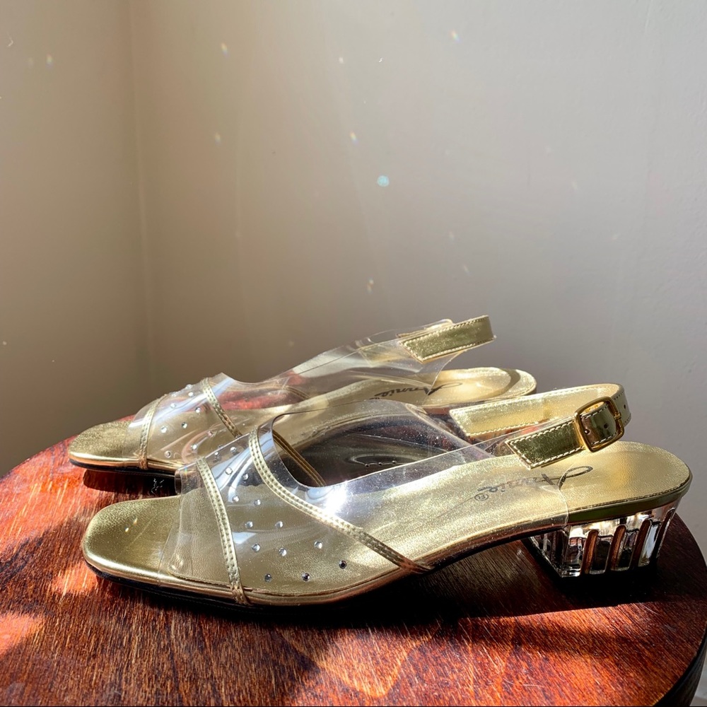 Vintage Clear & Gold PVC Lucite Block Heel Sandals